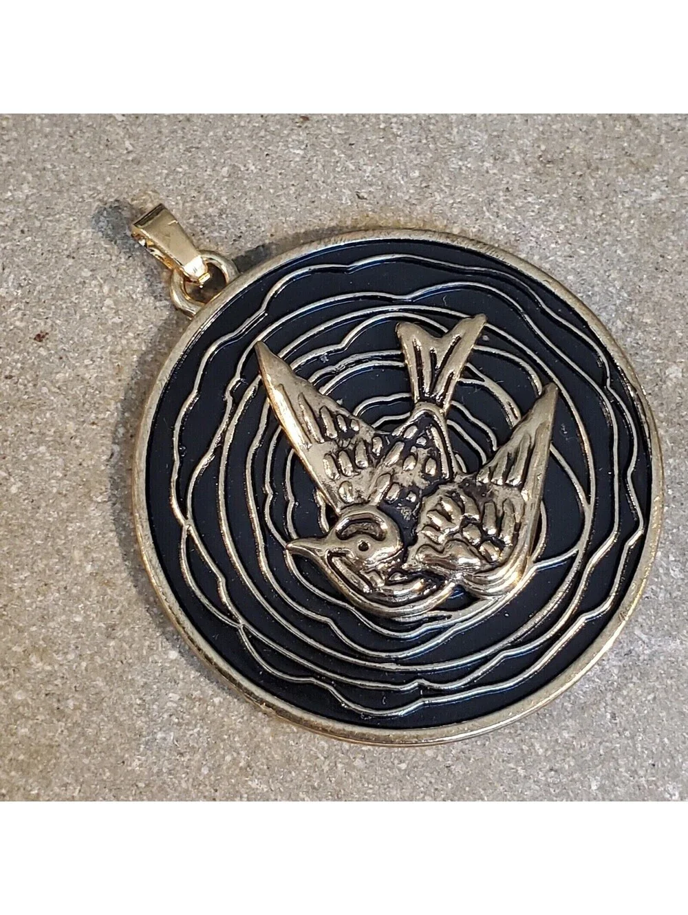 New Vintage 90s Peace Dove Antique Gold Black Alloy Metal Dimensional Pendant